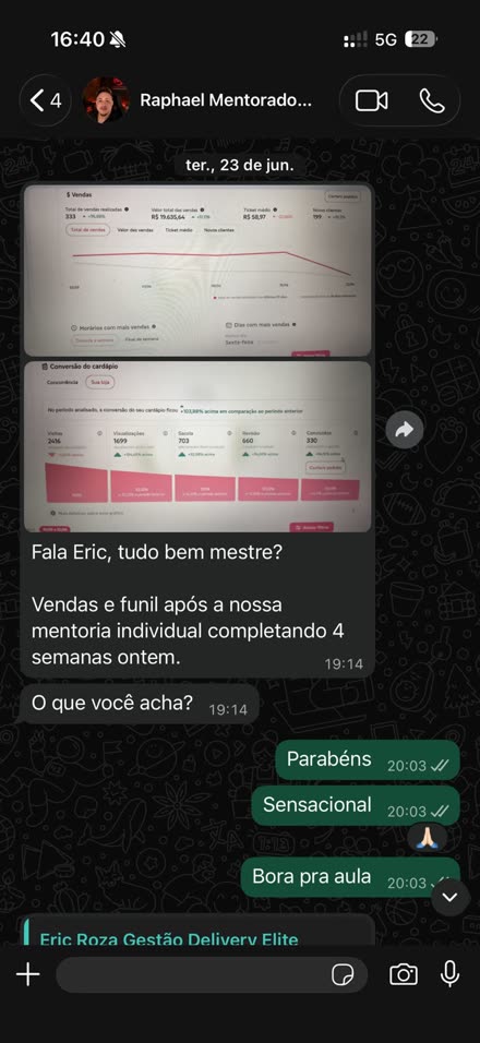 Conversa no WhatsApp: mentorado envia o painel de vendas e o funil após quatro semanas de mentoria.