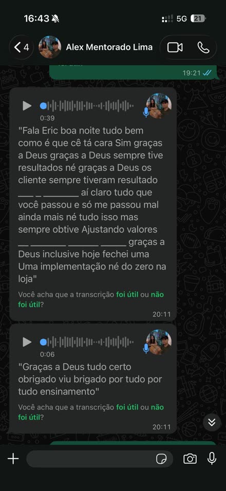 Conversa no WhatsApp: mentorado agradece em áudio e relata implementação fechada.