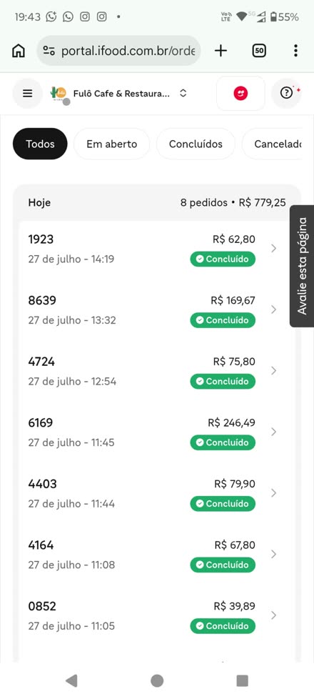 Lista de pedidos do portal do iFood com os pedidos concluídos do dia.